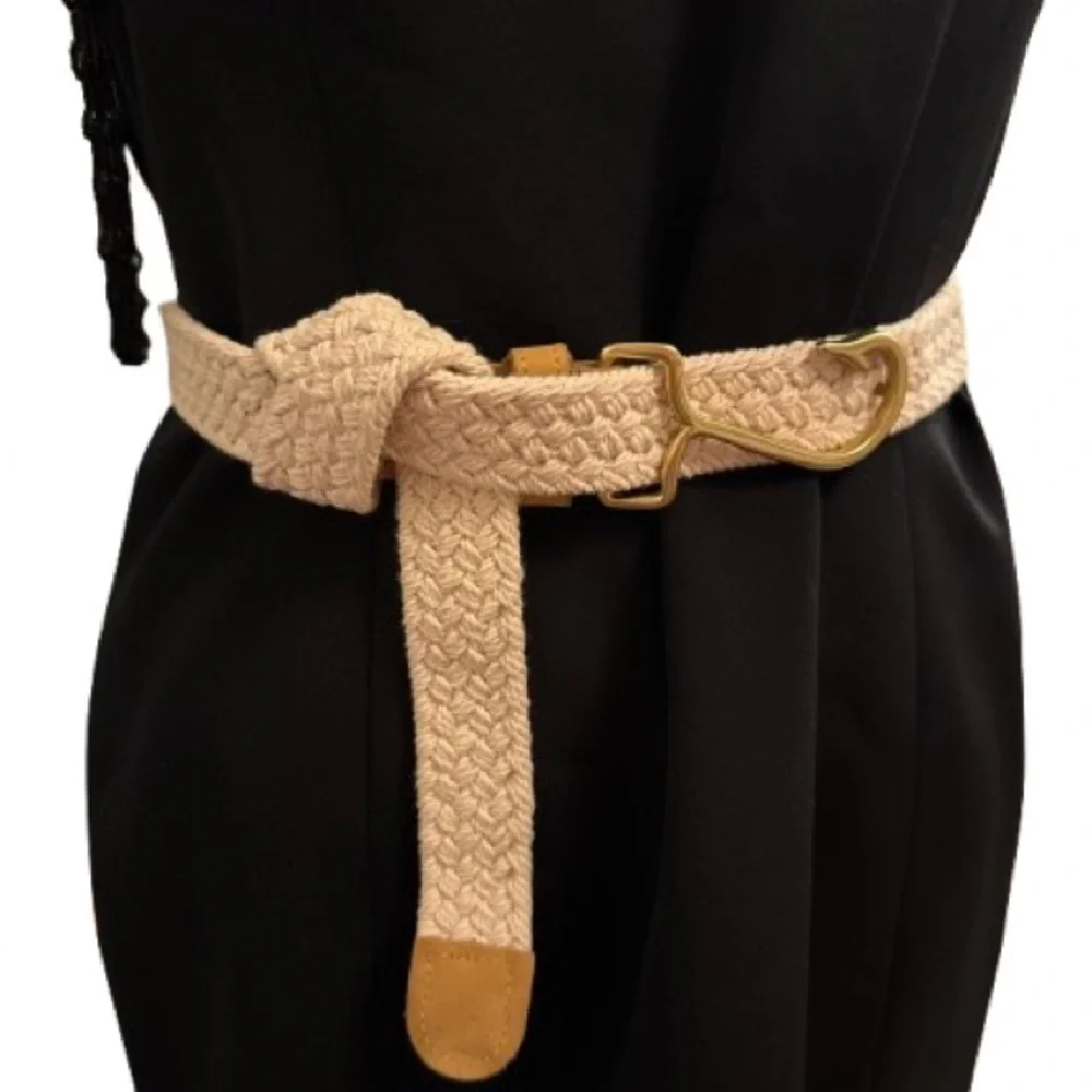 Braided Natural Rope Belt with Brass Hook Buckle - Size Large